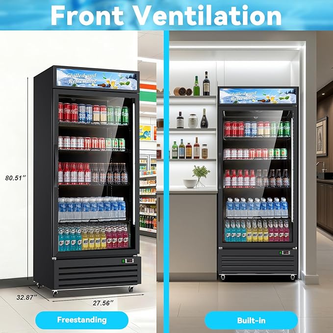 Commercial Beverage Refrigerator with Glass Door, 21.2 Cu.Ft Display Fridge Beverage Cooler with Customizable Lightbox Adjustable Shelves, Drink Fridge Merchandiser for Restaurant Shop, Black