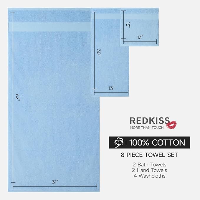 REDKISS Blue Towel Set of 8-100% Cotton Luxury Bath Towels Set for Bathroom, 600 GSM Highly Absorbent Bathroom Towel with 2 Large Bath Sheet, 2 Hand, 4 Washcloths, Blue Shower Towels for Dorm