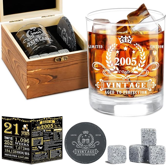 YeohJoy 21st Birthday Gifts for Him,Vintage 2005 Whiskey Glass Set,Wood Box &2005 Poster Anniversary Card & Whiskey Stones & Coaster,Bday Gifts Ideas for Him, Dad, Husband