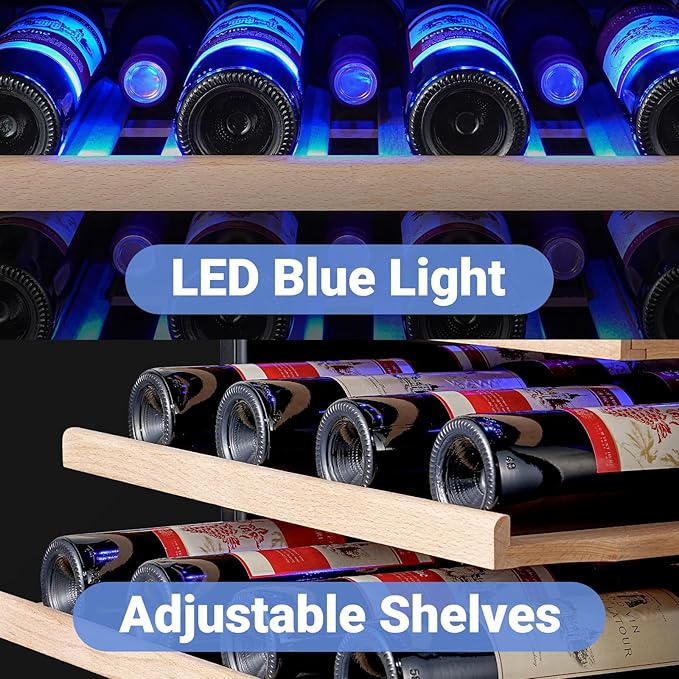 AAOBOSI 24 Inch Wine Fridge, 46 Bottles Wine Cooler with Dual Zone, Freestanding and Built-in Wine Refrigerator with Adjustable Shelves and Safety Lock, Double-Layer Glass Door, LED Light