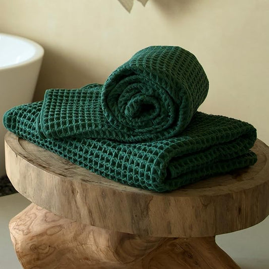 Luxury Organic Japanese Cotton Waffle Bath Towel | Thick, Absorbent, Quick Dry Bathroom Towels for Shower, Sauna, Onsen| Hotel & Spa Quality, Gift-Ready (Forest Green, Bath Sheet (Set of 2))