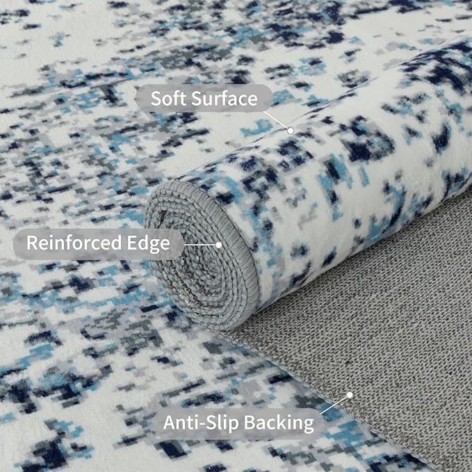 Easy-Going Large Area Rug 8x10 Washable Boho Rugs for Living Room Non-Slip Bedroom Rug Low Pile Lightweight Floral Print Vintage Throw Rug for Dining Room Kitchen Home Office Carpet, Blue Cream