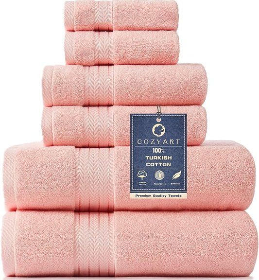 COZYART Pink Bathroom Towel Set 6Pcs, 100% Turkish Cotton Bath Towel Sets for Bathroom, Soft Absorbent, 650 GSM Luxury 6 Pcs with 2 Bath Towels, 2 Hand Towels, 2 Washcloths