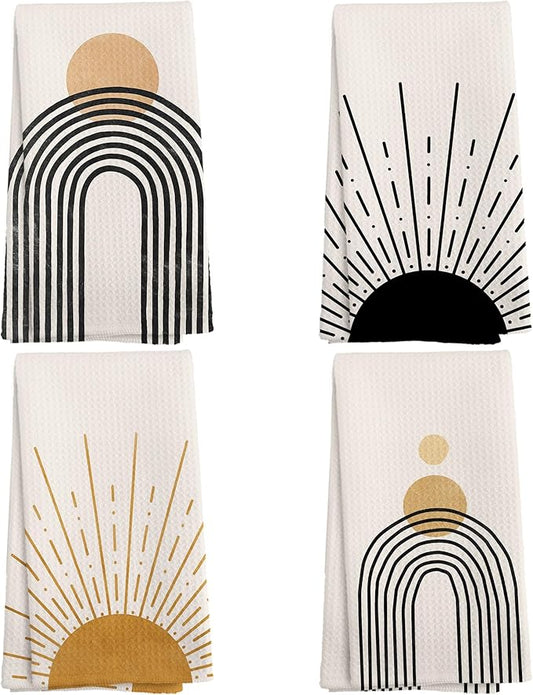 Boho Abstract Kitchen Towels and Dishcloths Set of 4, Mid Century Modern Decor Hand Towels, Boho Abstract Minimalist Sunshine Drying Cloth Hand Dish Tea Towel for Bathroom Kitchen, 16x24 Inches