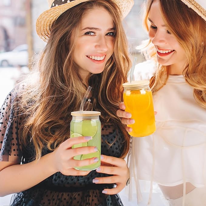 Glass Cups with Lids and Straws, 16 Oz - Set of 4 Reusable Iced Cold Coffee Tumblers - Clear Glass Bottle for Water with Bamboo Lids