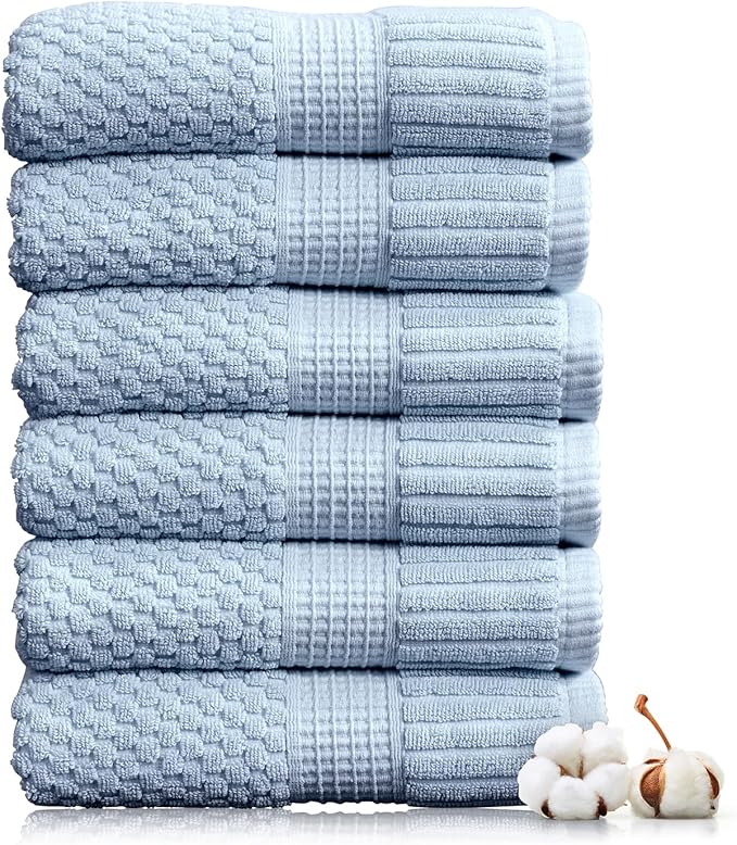 NY Loft 100% Cotton Hand Towel 6 Pack | Super Soft & Absorbent Quick-Dry Hand Towels 16" x 28" |Textured and Durable Cotton | Trinity Collection (6 Pack Hand Towel, Chambray Blue)