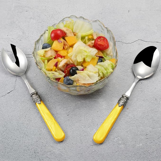 2-piece Salad Servers Stainless Steel Salad Serving Set Salad Fork and Spoon (Yellow)