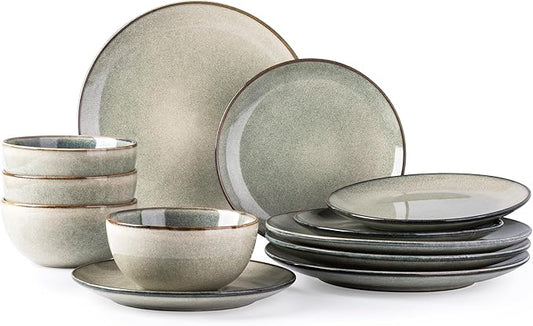 AmorArc Ceramic Dinnerware Sets for 4, 12 Pieces Handpainted Stoneware Plates and Bowls Set, Scratch Resistant Dishes Set, Dishwasher & Microwave Safe, Reactive Color