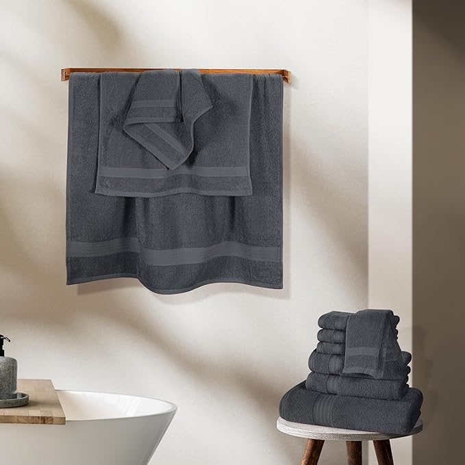 GLAMBURG Ultra Soft 24-Piece Towel Set - 100% Pure Ringspun Cotton, Contains 8 Oversized Bath Towels 27x54, 8 Hand Towels 16x28, 8 Wash Cloths 13x13- Ideal for Everyday use, Hotel & Spa- Charcoal Grey