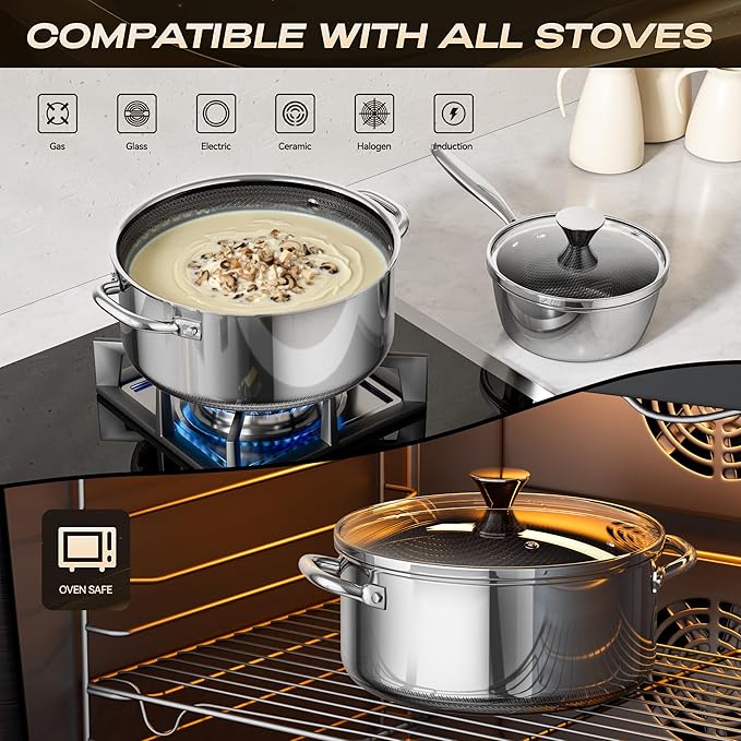Hybrid Nonstick 4-Quart Stockpot,9.5 Inch Stainless Steel Stockpot with Glass Lid,PFAS PFOA PTFE Free, Dishwasher-Friendly,Oven-Safe Up to 600°F,Non-stick Soup Pot Compatible with All Cooktops