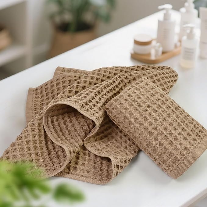 Jacquotha Waffle Bathroom Hand Towels 5-Piece (Tan) – Cotton, Soft, Lightweight, Lint Free, 13” x 29”