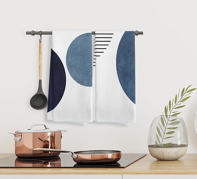 Boho Navy Blue Line Kitchen Towels and Dishcloths Set of 2, Boho Bohemian Dish Towels, Boho Absorbent Decorative Blue Hand Towels for Bathroom Kitchen, 16×24 Inches