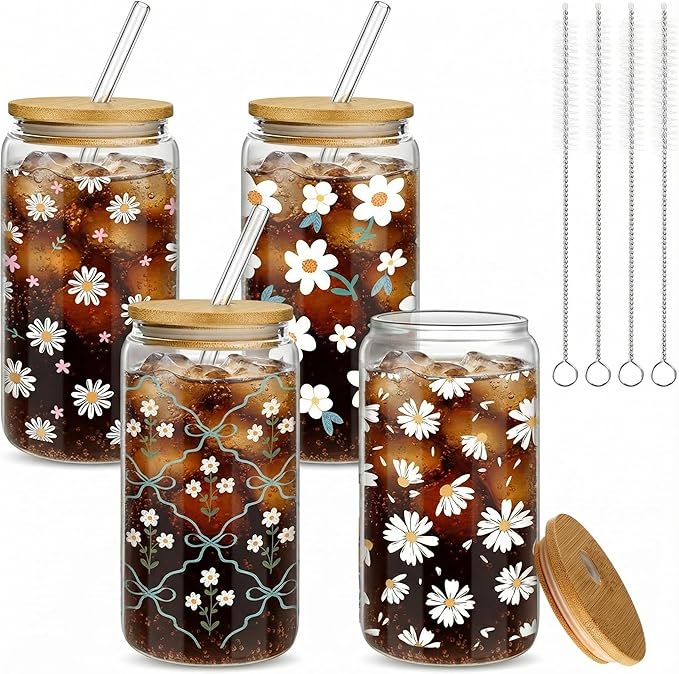Mumufy Gift for Women Cute Glass Cup Tumbler Flower Iced Coffee Mugs 16 oz Glass with Bamboo Lid & Straw, Mothers Day Birthday Gift for Mom Sister Bridesmaid Baby Shower(4 Pack,Fresh Flower)