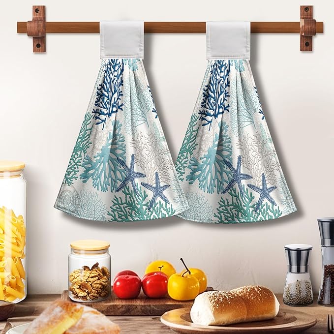 Summer Blue Coral Hanging Hand Towels Set of 2 Beach Ocean Kitchen Dish Towel Coastal Bathroom Towels Seashell Decorative Coral Tie Towels for Bathroom Kitchen Accessories 12x17 Inch