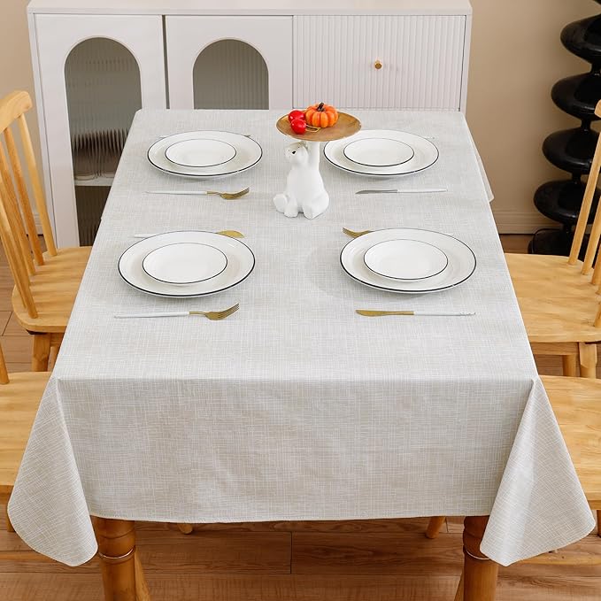 Heavy Duty Vinyl Tablecloth with Flannel Backing Waterproof Oil-Proof Plastic Table Cloth Stain-Resistant Wipeable Rectangle or Square Table Cover for Indoor and Outdoor (Beige Striped，60x102 Inch)
