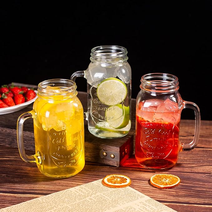 24 OZ Mason Jar Drinking Glasses for Party Beverages Materials and Jars with Comfortable Handle Easy to Clean in the Dishwasher 4Pack