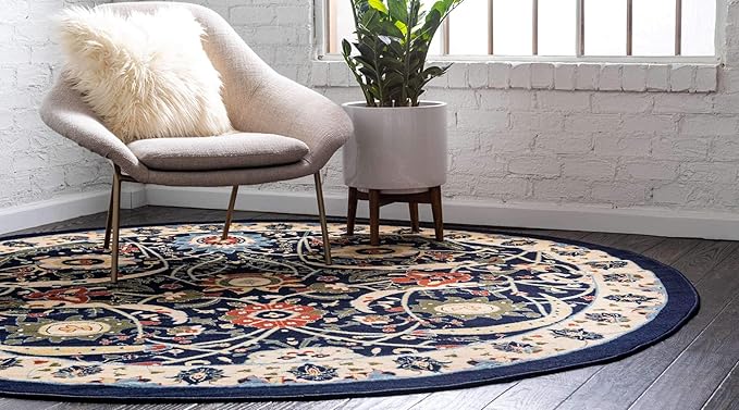 Unique Loom Espahan Collection Area Rug - Cape Cod (7' 10" Round, Navy Blue/ Black)