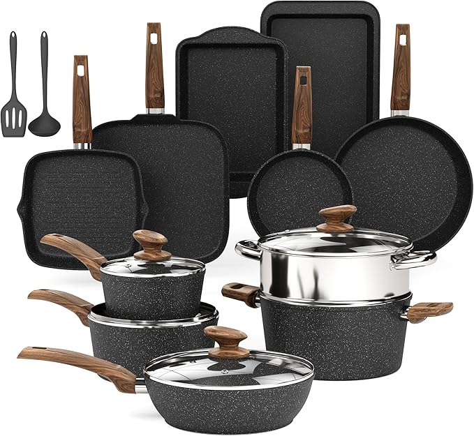 DishDelight Pots and Pans Set Non Stick, 17 Pieces Granite Kitchen Cookware Sets with Nonstick Granite Coating, Induction Cooking Set, Black