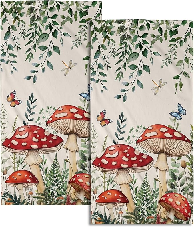 Imiss Boho Mushroom Hand Towels 2Pcs Green Leaves Kitchen Tea Towel 14.4 x 28.3 Inch Butterfly Decorations Soft Microfiber Guest Face Towel for Hotel,Bathroom,Home