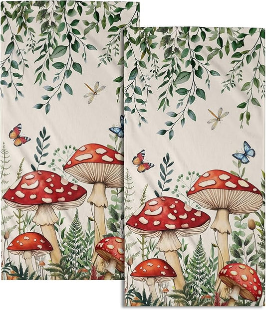 Imiss Boho Mushroom Hand Towels 2Pcs Green Leaves Kitchen Tea Towel 14.4 x 28.3 Inch Butterfly Decorations Soft Microfiber Guest Face Towel for Hotel,Bathroom,Home