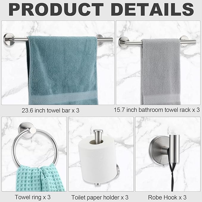 Gisafai 15 Piece Bathroom Hardware Set, 23.6 Inch Brushed Towel Bar Ring Toilet Paper Holder Robe Towel Hook, Sus304 Stainless Steel Bathroom Accessory Set Wall Mounted(Silver)
