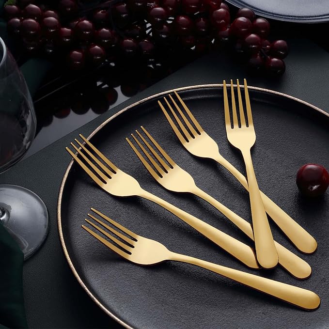24 Pieces Dinner Forks Set (8 inch), Unokit Stainless Steel Dinner Forks Set of 24, Flatware Forks for Home, Kitchen or Restaurant - Mirror Polished, Dishwasher Safe - Gold