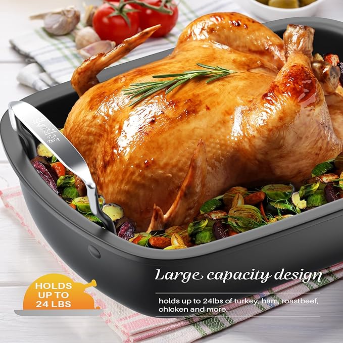 Nonstick Turkey Roasting Pan with Rack, 17 x 13 Inch Turkey Pan, large roaster pan for Meat & Vegetable, (Silver)