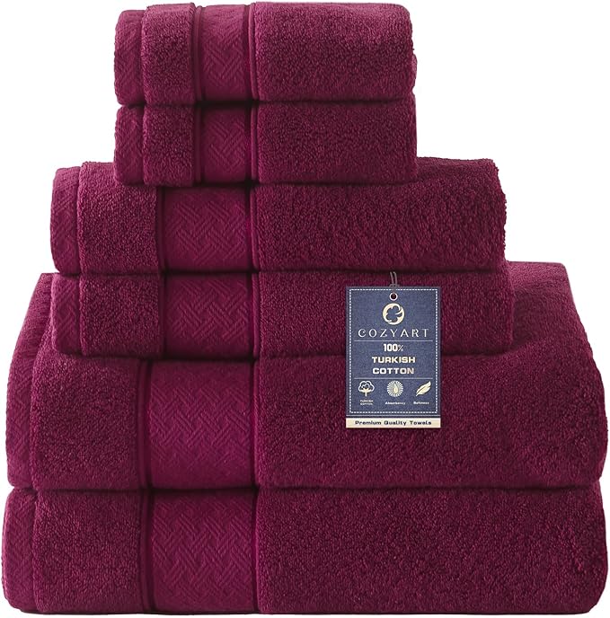 COZYART Burgundy Bath Towel Set 6 Piece, 2 Bath Towels 2 Hand Towels 2 Washcloths, Luxury 100% Turkish Cotton 650GSM Hotel Quality, Soft, Absorbent, Towel Sets for Bathroom