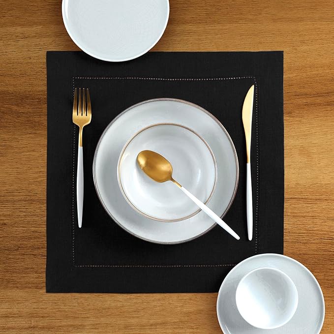 Solino Home Linen Square Placemats Set of 4-100% Pure Linen Black Cloth Placemats 14 x 14 Inch - Classic Hemstitch, Machine Washable Place Mats for Winter, New Year