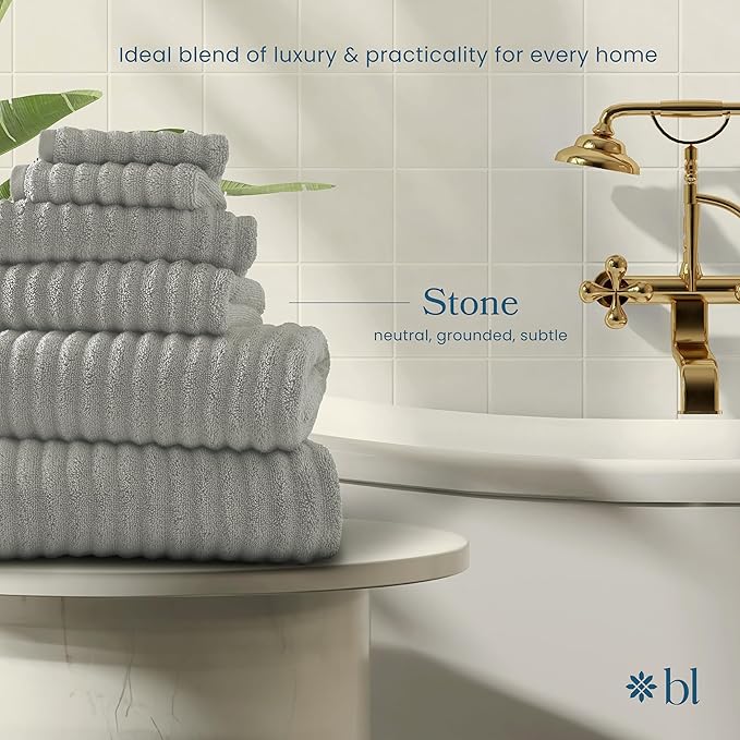 Blue Loom Ribbed Bath Towels Set, 100% Cotton 600GSM, Soft Absorbent Durable 2 Bath Towels, 2 Hand Towels, 2 Wash Cloths for Bathroom - Mason (58" x 30" inch Towels) (Stone, 6 Piece)