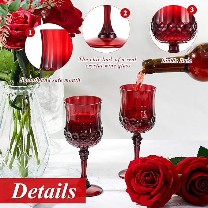Pinkunn 24 Pcs 7 oz Plastic Vintage Wine Glasses Reusable Colored Goblets Patterned Drinking Water Glasses Cup Dishwasher Safe for Christmas Wedding Reception Party Supplies (Red)
