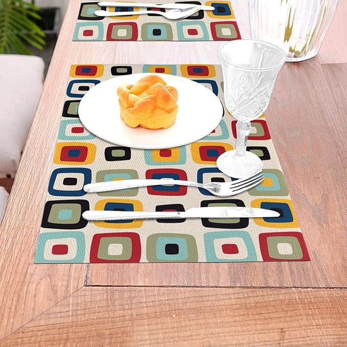 Mid Century Modern Retro Placemats Set of 4 Linen 12"x18" Vintage Decorative Kitchen Table Mats for Dining Outdoor Holiday Party Farmhouse Home Decor Washable Place Mats