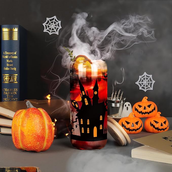 Joeyan Halloween Glass Cups with Lids and Straws,20 oz Haunted House and Cat Iced Coffee Tumbler,Funny Can Shaped Beer Drinking Glasses,Holiday Gifts for Women Mom Friend Teen
