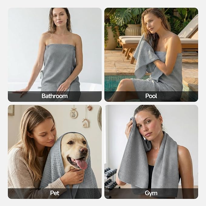 REDKISS 8 Pack Microfiber Waffle Bath Towels - Gray Waffle Towels for Bathroom, Extra Large, Highly Absorbent, Quick Dry Bath Towel Set, Lint Free Bathroom Towel for Gym, Shower, Hotel and Spa