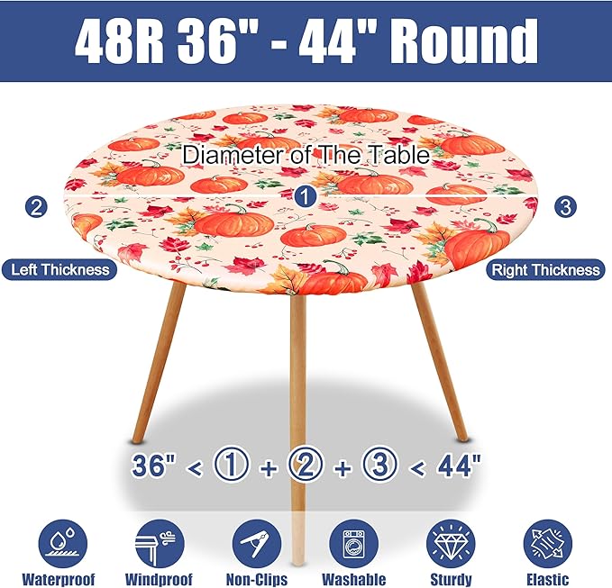 Round Spandex Thanksgiving Tablecloth, Elastic Fitted Waterproof Tablecloths for 36"-44" Tables, Stretch Washable Picnic Table Cover for Autumn Harvest Parties, Pumpkin Leaf