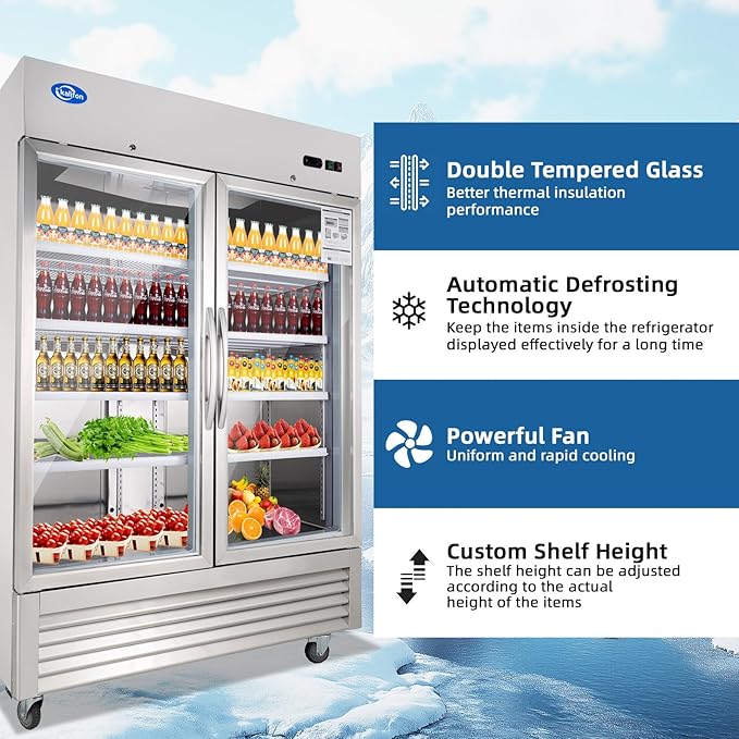 Beverage Refrigerator, 49 Cu.Ft Drink Fridge with Glass Door, Commercial Fridge with 8 Adjustable Shelves, Commercial Refrigerator with Front Led Light for Restaurant, Supermarket, Gym