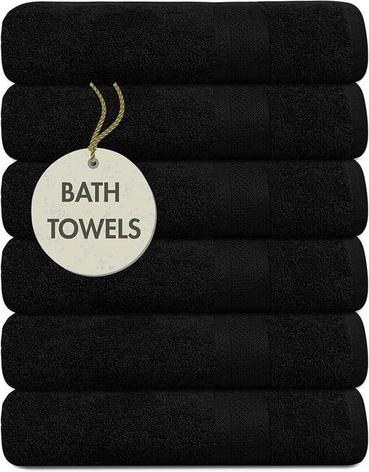 Medium Size Bath Towels Set of 6 – 100% Cotton Terry – 24" x 48" – Quick Dry, Soft & Highly Absorbent – Black Towels for Bathroom, Gym, Spa, Pool & Daily Use