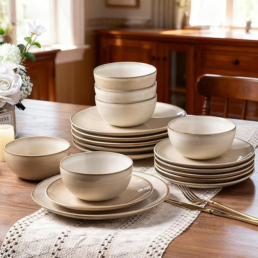 AmorArc Stoneware Dinnerware Sets for 6, 18 Pieces Handpainted Ceramic Plates and Bowls Set, Scratch Resistant Dishes Set, Dishwasher & Microwave Safe, Cappuccino