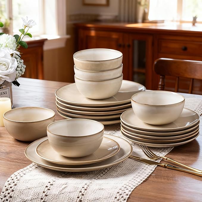 AmorArc Stoneware Dinnerware Sets for 8, 24 Pieces Handpainted Ceramic Plates and Bowls Set, Scratch Resistant Dishes Set, Dishwasher & Microwave Safe, Cappuccino