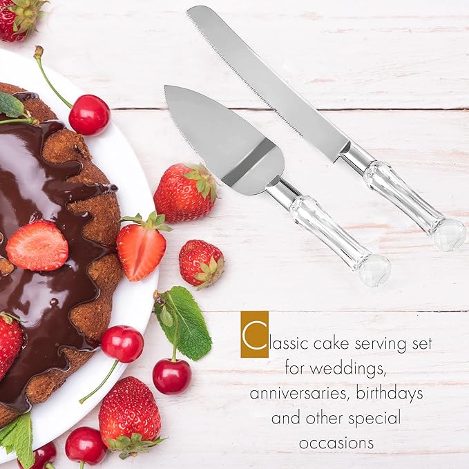 Wedding Cake Knife and Server Set, Cake Cutter and Pie Spatula, Cake Server and Knife Set of 2 with Crystal Handles, 1.2mm Thick Blades, Cutting Set for Birthdays, and Parties (Crystal Silver)