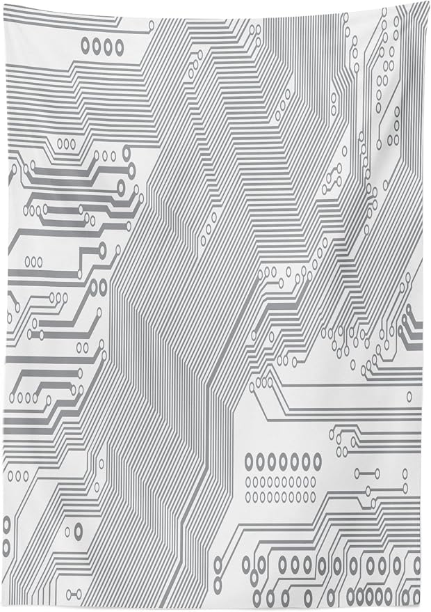 Ambesonne Digital Tablecloth, Computer Motherboard Electronic Hardware Technical Display Futuristic Plan Design, Dining Room Kitchen Rectangular Table Cover, 60" X 84", White Grey