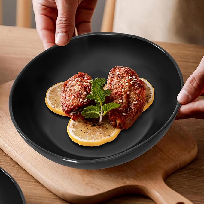 Herogo 12Pcs Plates and Bowls Set for 4, Irregular Handmade Stoneware Dinnerware, Crack and Scratch Resistant, Microwave & Dishwasher Safe, Reactive Glaze, Artistic Rustic Tableware, Matte Black