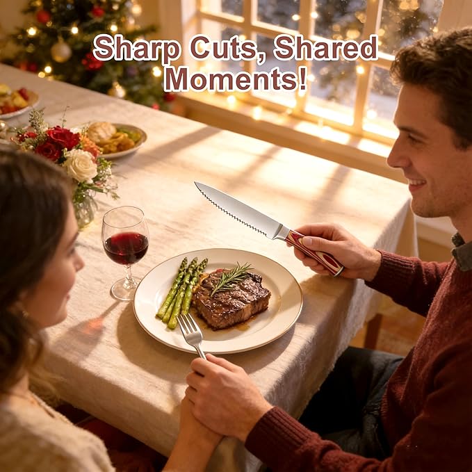 Serrated Steak Knives Set of 8, Stainless Steel Steak Knife Set with Pakkawood Handle, Fine Sharp Edge Dinner Knife with Gift Box, Steak Cutlery Set for Home Party