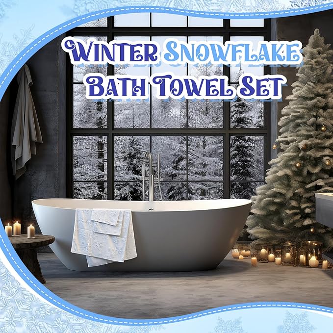 Peryiter 6 Pack Cotton 3D Christmas Snowflake Bath Towels Set White Winter Towels for Bathroom, Soft and Absorbent, Contains 2 Bath Cloth, 2 Hand Cloth and 2 Washcloths