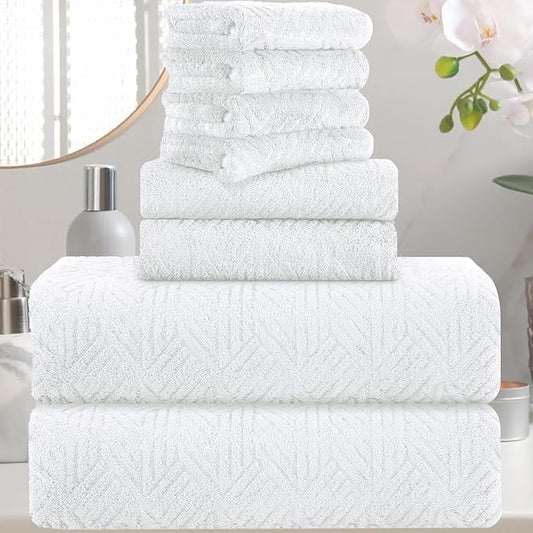 CHINO White Bath Towels Set, 2 Oversized Large Towels/2 Hand Towels/4 Washcloths,Quick Dry Super Soft Absorbent Shower Bathroom Towel Set Hotel Spa Towel (8 Pack)