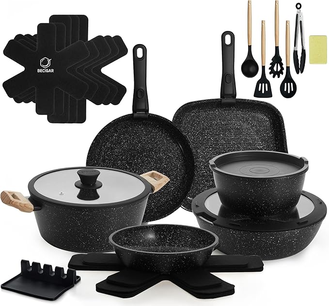 23PCS Ceramic Nonstick Cookware Set, Nonstick Detachable Handle Ceramic Cookware, Induction Kitchen Cooking Set with Removable Handle,include Frying Pans & Saucepans Oven Safe(Black)