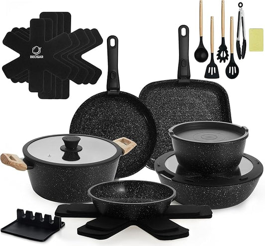 23PCS Ceramic Nonstick Cookware Set, Nonstick Detachable Handle Ceramic Cookware, Induction Kitchen Cooking Set with Removable Handle,include Frying Pans & Saucepans Oven Safe(Black)