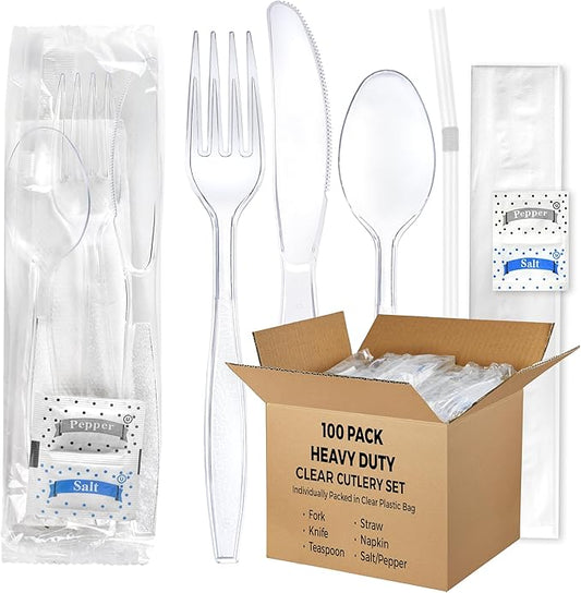 100 pack | Clear Heavy Duty Plastic Disposable Cutlery Set | 6 in 1 Utensil Set with Fork, Spoon, Knife, Napkin, Straw, Salt/Pepper Packets