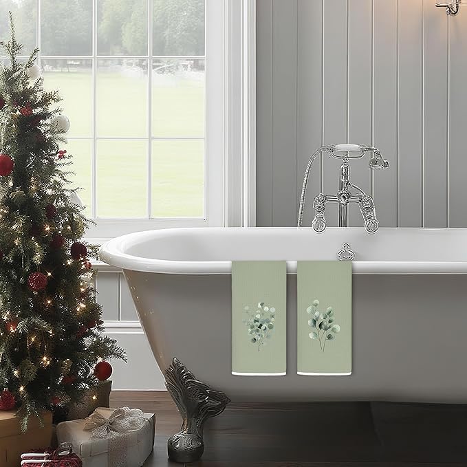 Sage Green Eucalyptus Bathroom Hand Towels, Farmhouse Botanical Decorative Hand Towels for Washroom Restroom, Eucalyptus Bathroom Decor, 16x24 Inch Set of 2