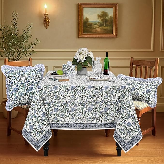 Ridhi Dark Columbia Blue, Turquoise Green 60x60 Inches Square 100% Cotton Hand Block Print Washable Decorative Spring Summer Parties/Wedding Use,Fall décor Farmhouse Dining Dinner Tablecloth`